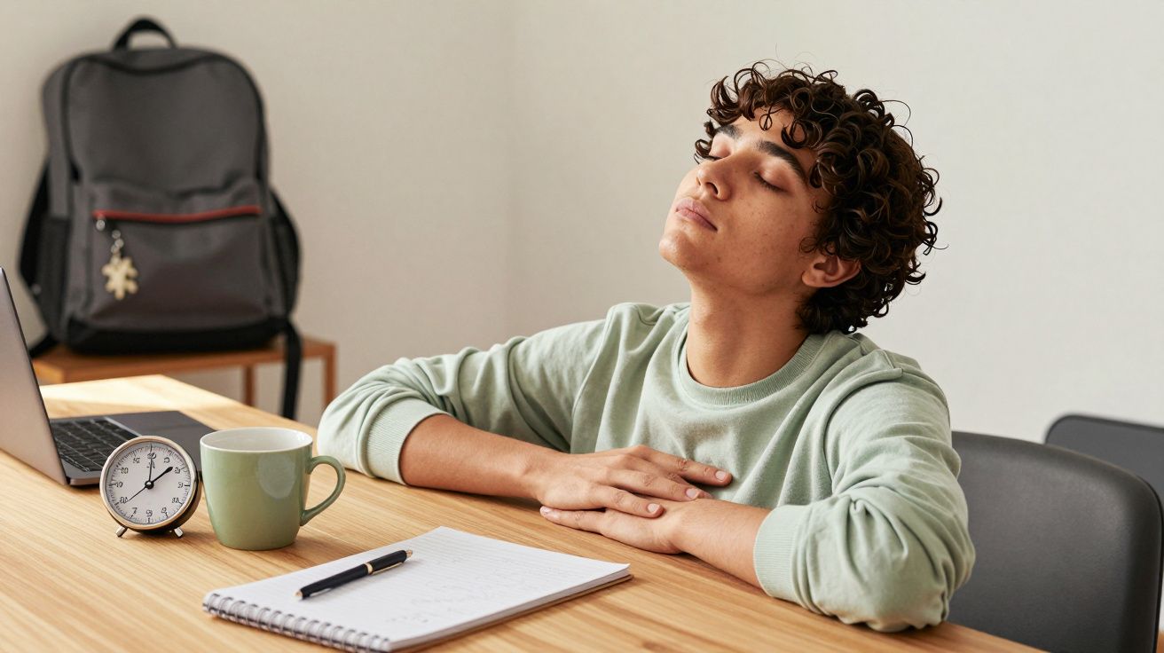 Pessoa relaxando numa mesa com computador, chávena, relógio, caderno e mochila ao fundo.