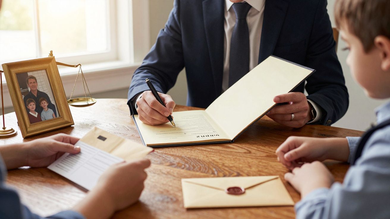 Homem de fato assina documento em mesa com duas crianças. Há foto de família, balança da justiça e cartas seladas.