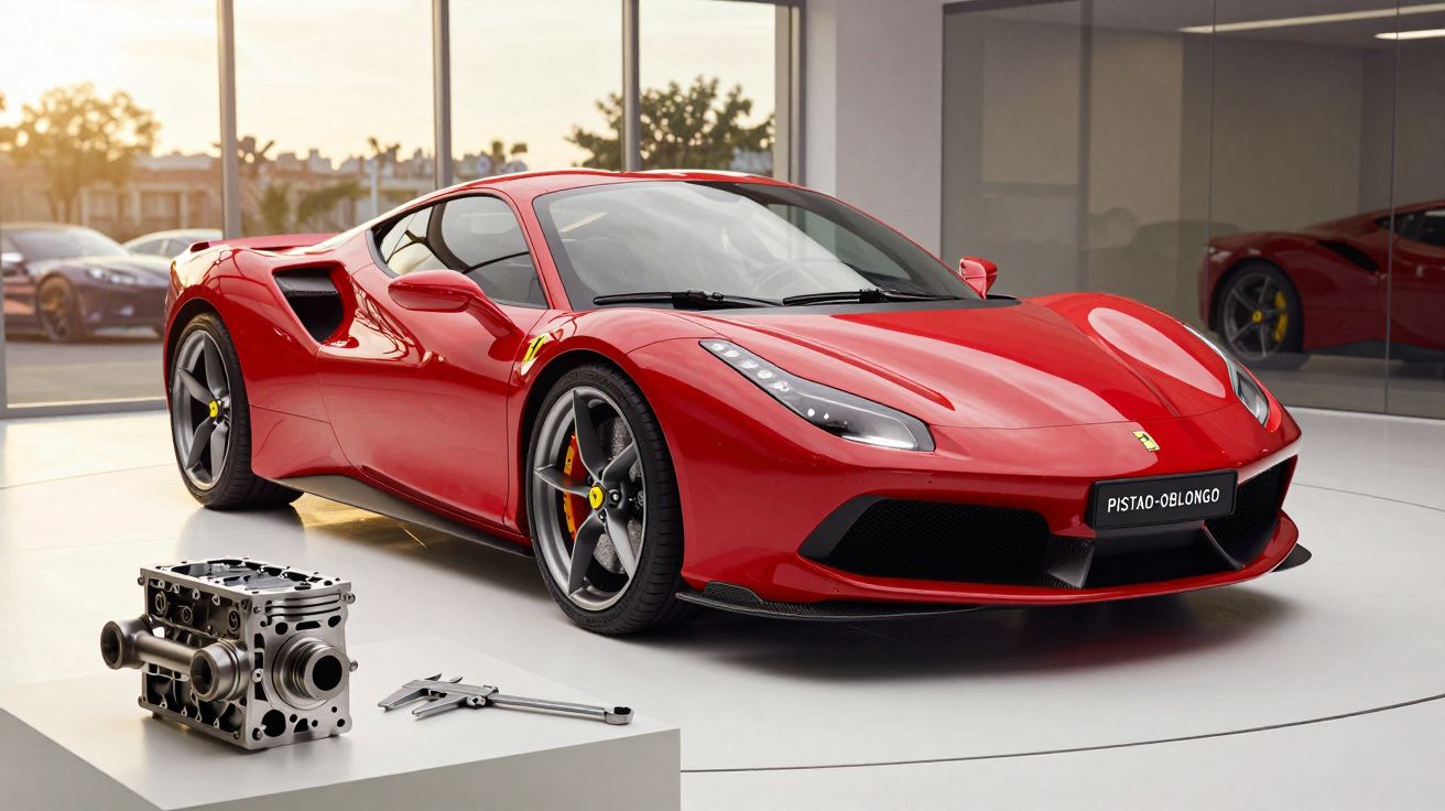 Carro desportivo vermelho em exposição com pistão e ferramentas em primeiro plano, num espaço moderno e iluminado.