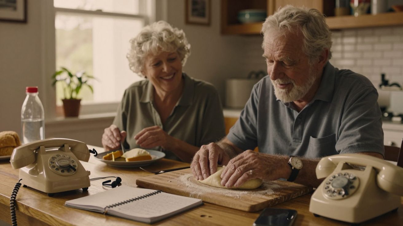 Casal idoso sorridente a preparar massa numa cozinha, com telefones antigos sobre a mesa.