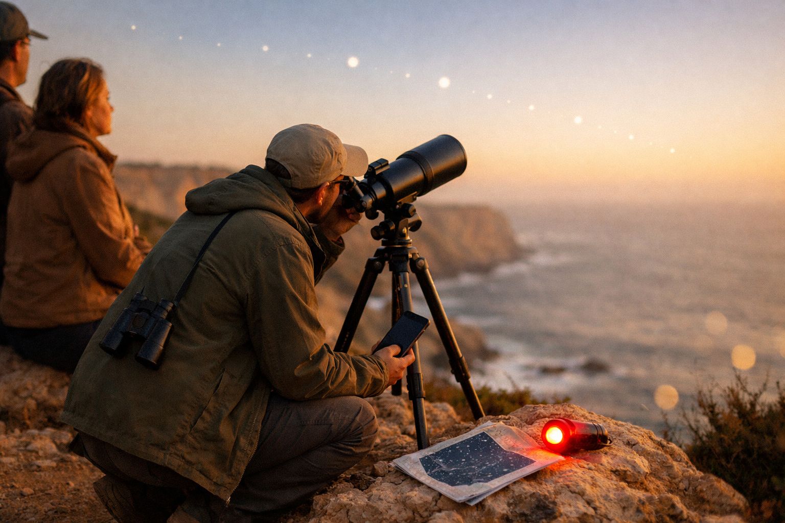 Homem observa o céu através de telescópio numa falésia ao pôr do sol, com mapa astronómico e lanterna vermelha.