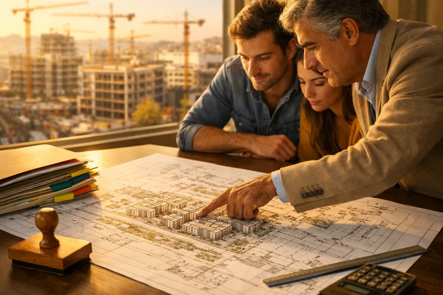Arquitecto discute planta de edifícios com um casal em escritório, com gruas visíveis pela janela.