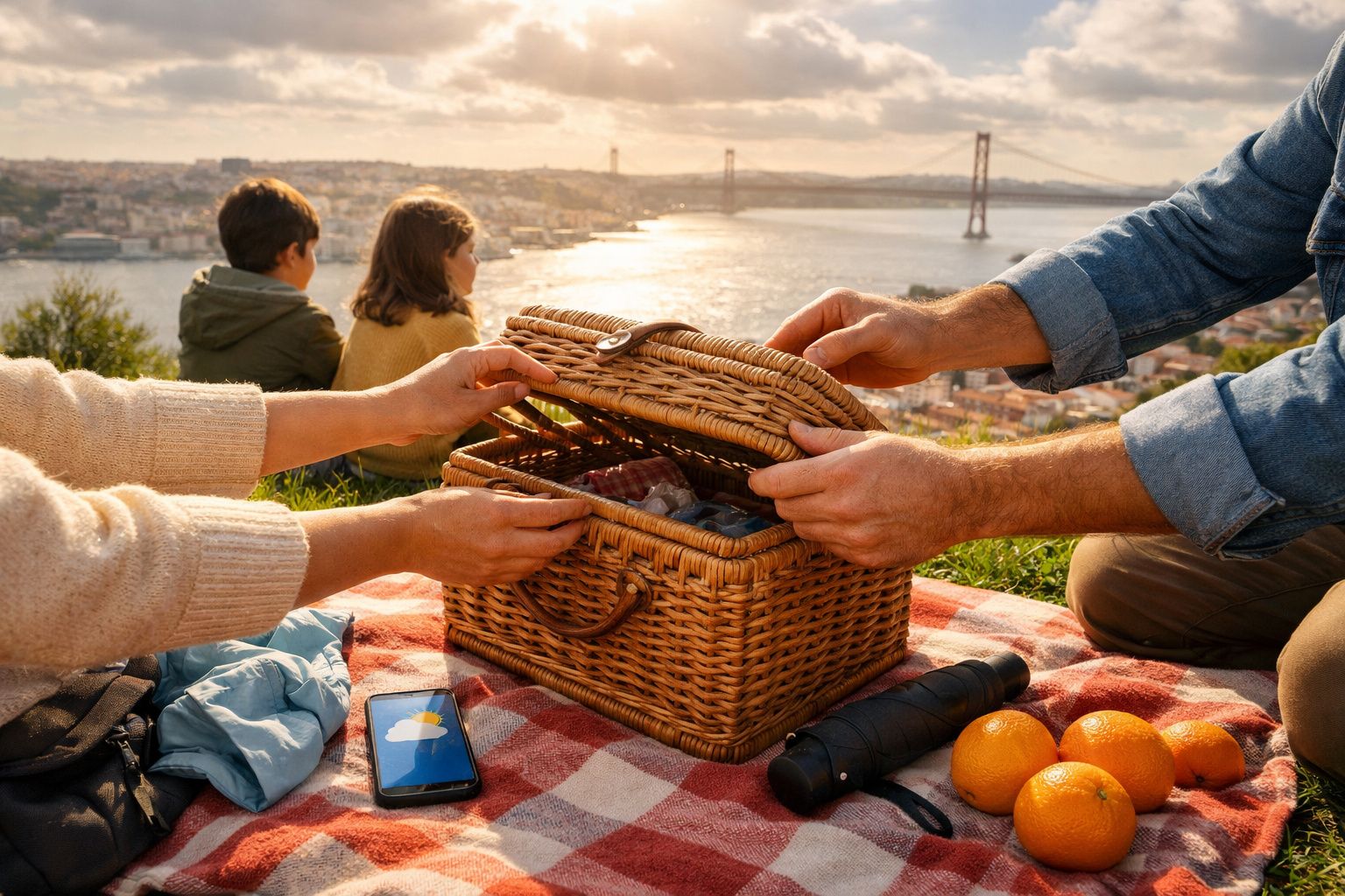 Duas pessoas abrem cesta de piquenique num parque com vista para a ponte sobre o rio ao pôr do sol.