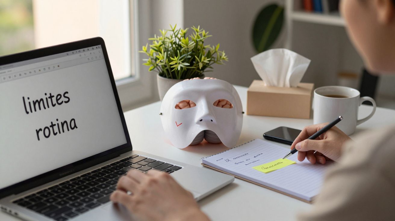 Pessoa escreve num caderno ao lado de um portátil com a frase "limites rotina". Máscara, chávena e planta no fundo.