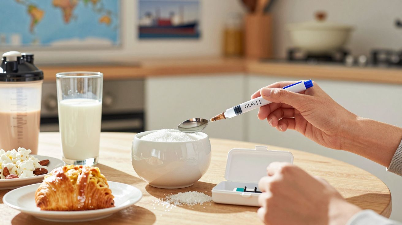 Mão segurando seringa GLP-1 acima de tigela de açúcar em mesa com croissant e bebida.