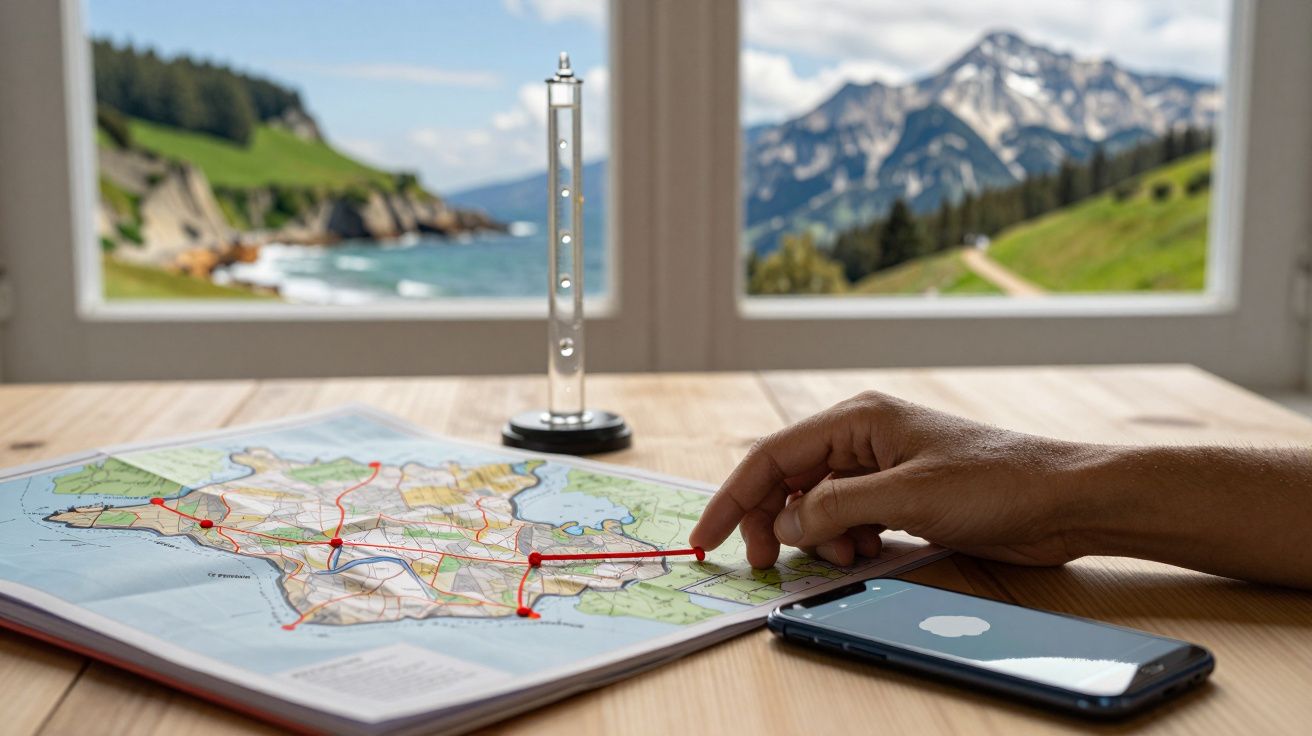 Pessoa planeando rota num mapa com smartphone sobre mesa, janela mostra paisagem de montanhas e costa.