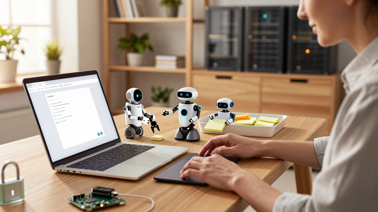 Mulher a trabalhar num portátil, ao lado de robôs brinquedo e notas autoadesivas, num escritório.