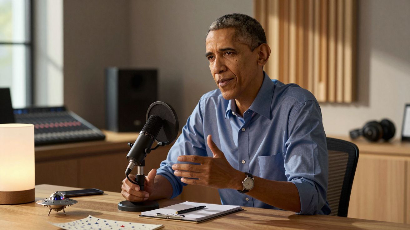 Homem de camisa azul fala ao microfone num estúdio, com bloco de notas e lâmpada na mesa.