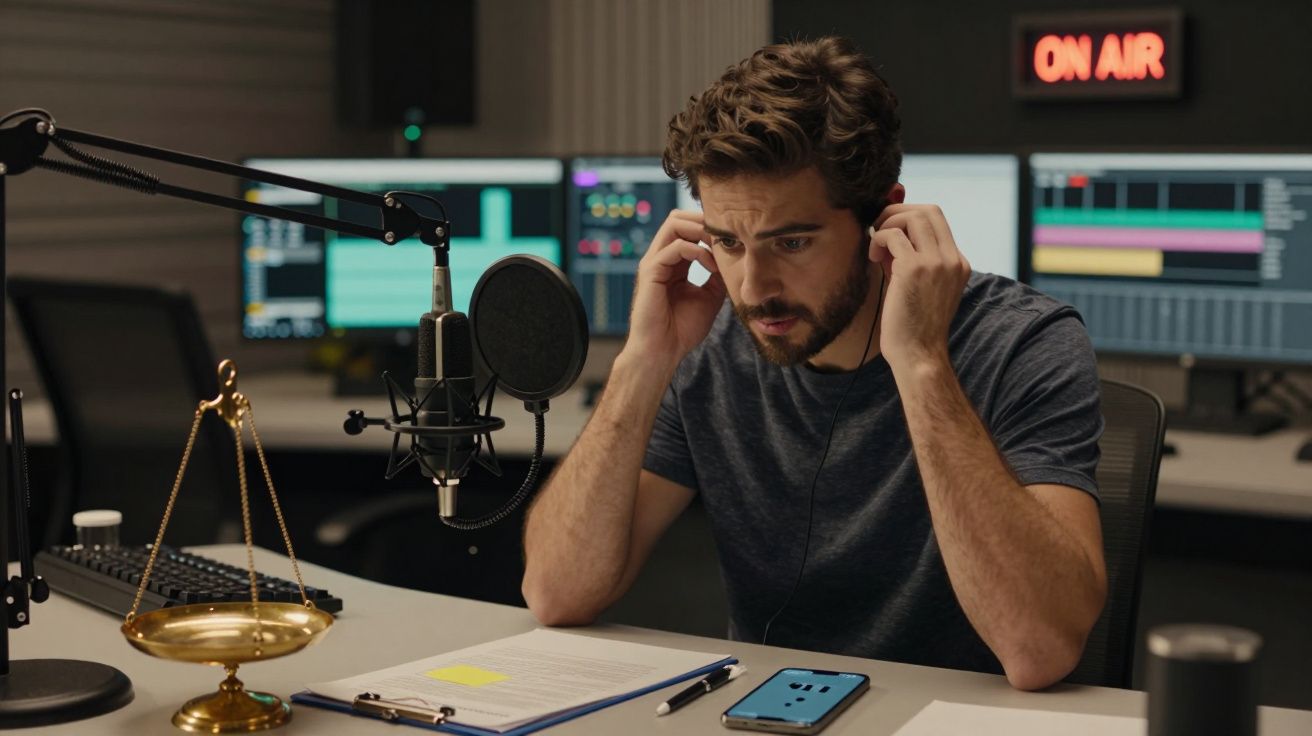 Homem com auscultadores num estúdio de gravação, microfone à frente e sinal "On Air" ao fundo.