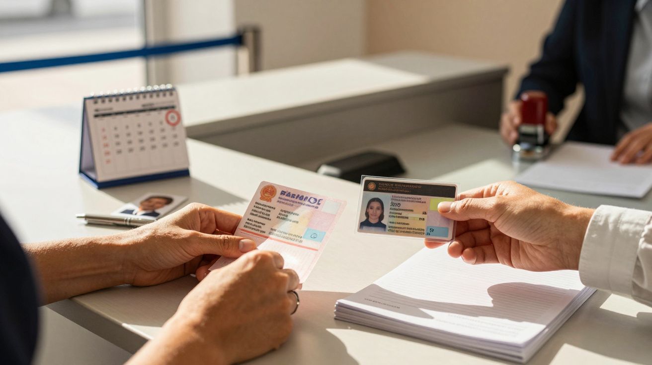 Duas pessoas a trocar documentos de identificação numa secretária, com calendário e bloco de notas ao fundo.