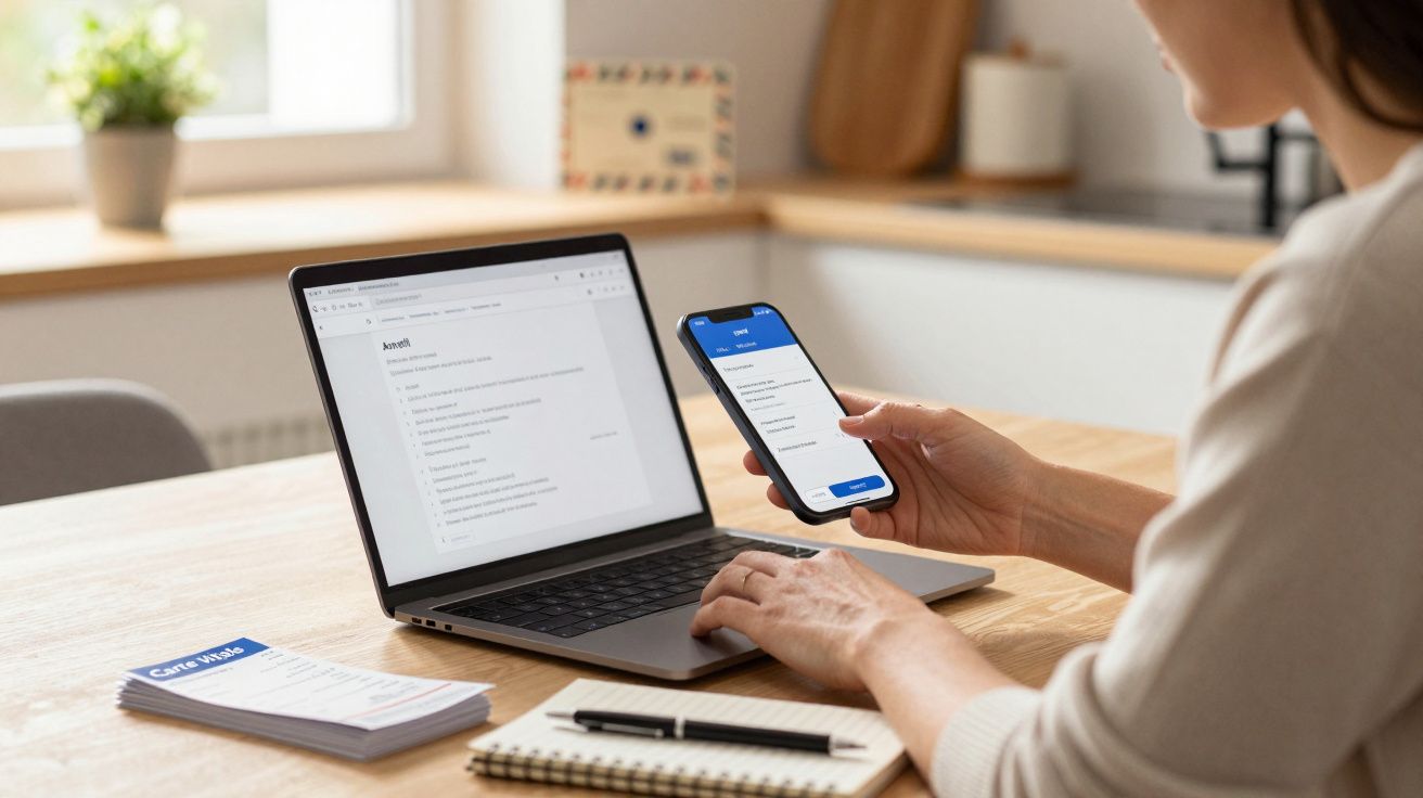 Pessoa usando portátil e telemóvel numa mesa, com documentos e caderno ao lado.