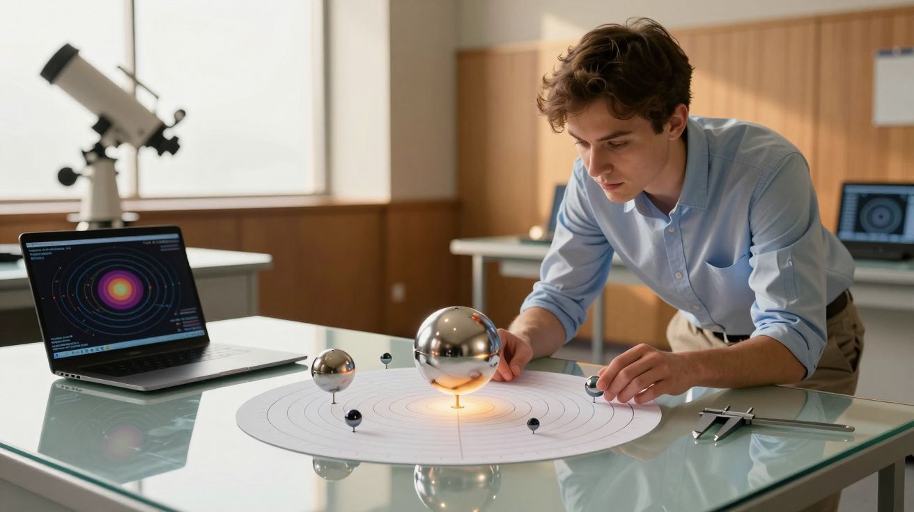 Homem ajusta modelo do sistema solar com esfera iluminada, laptop e telescópio ao fundo em sala de aula.