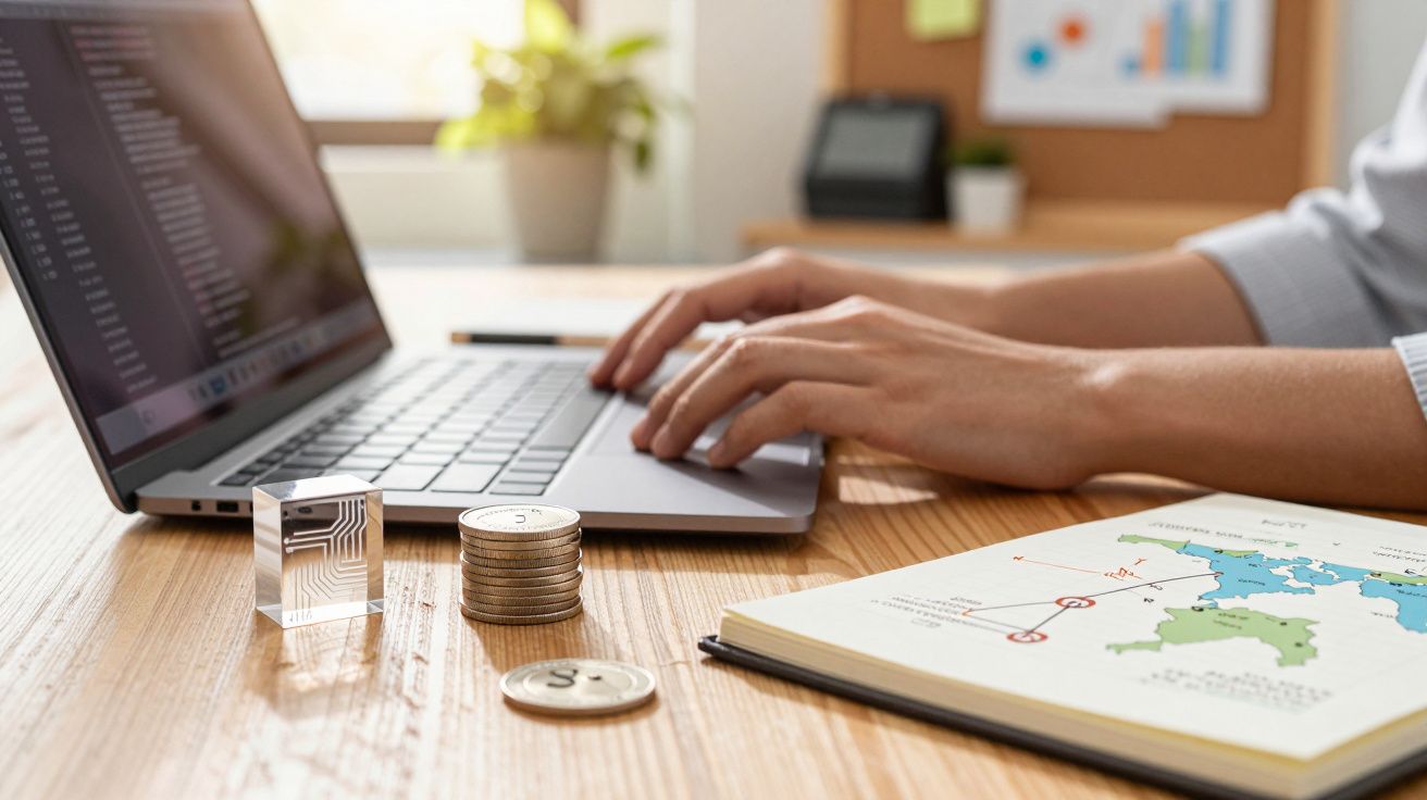Pessoa a usar um portátil em secretária com moedas e mapa ao lado.
