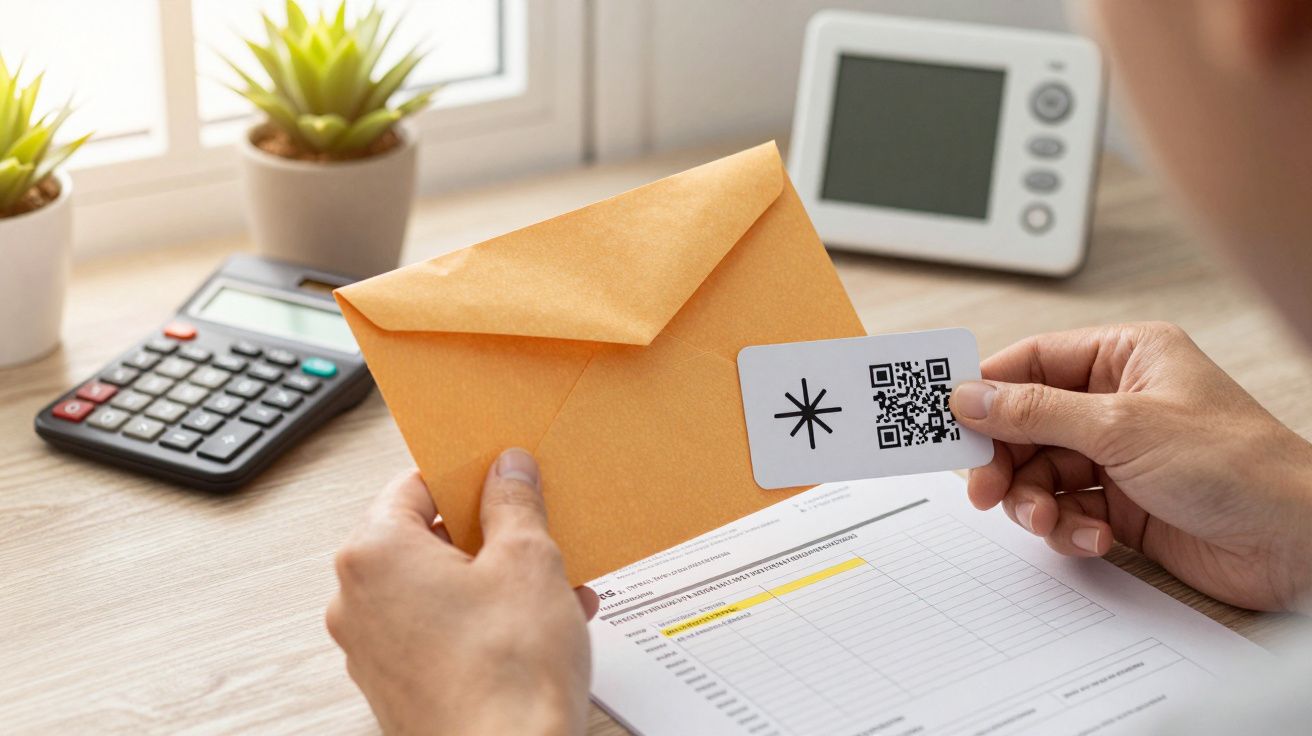 Pessoa segurando envelope e cartão com QR code, com calculadora e documentos sobre a mesa.