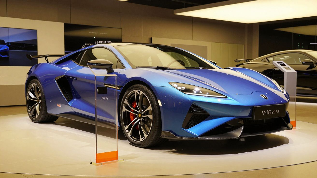 Carro desportivo azul metalizado em exposição, com design aerodinâmico e jantes pretas.