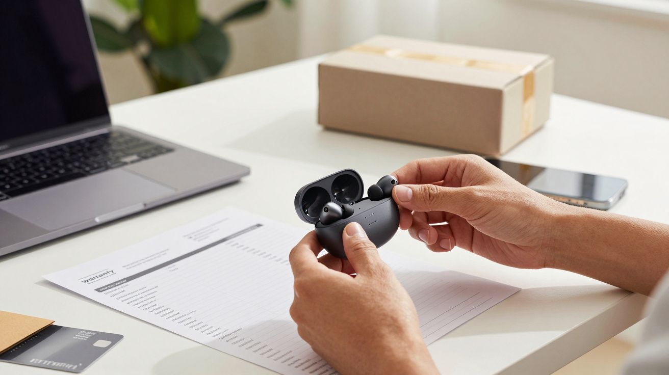 Pessoa segurando auriculares sem fios perto de portátil e lista em mesa.