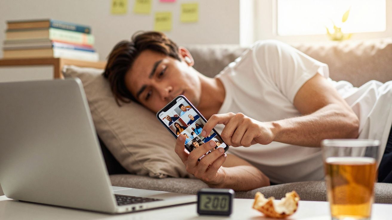 Homem deitado no sofá, olha para o telemóvel, perto de portátil e copo de vidro.