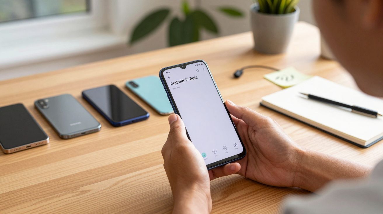 Pessoa segura smartphone com Android 17 Beta, sentado à mesa com vários telemóveis, bloco de notas e planta.