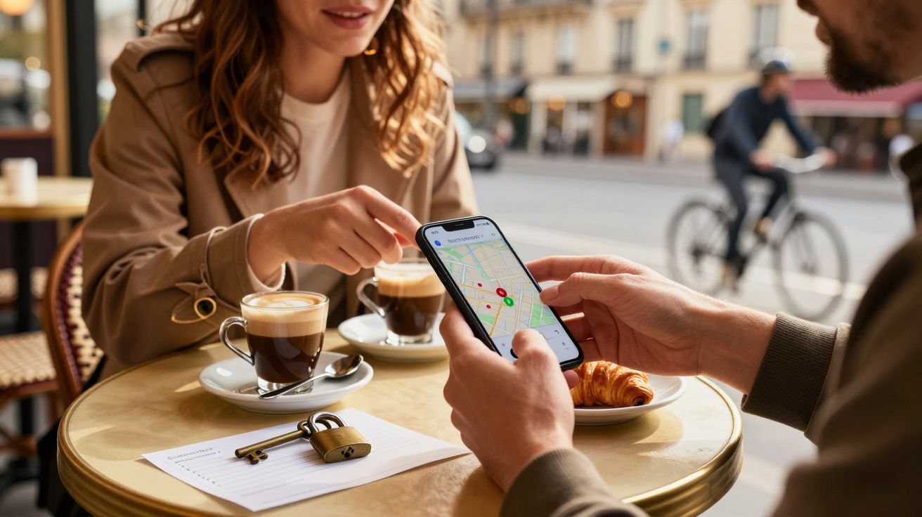 Duas pessoas num café olham para um mapa no telemóvel; duas chávenas de café e um croissant na mesa.