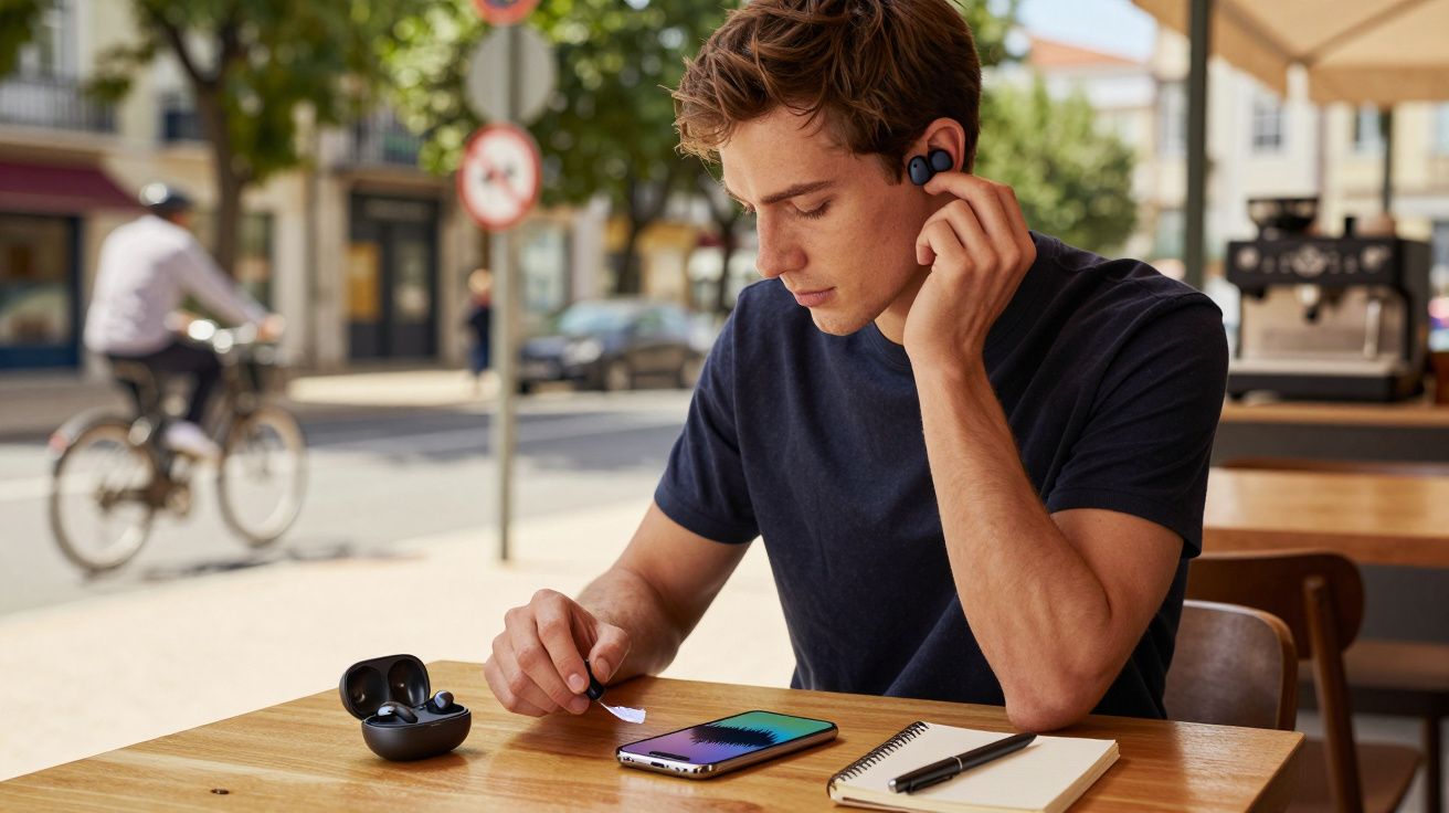 Homem sentado em café ao ar livre, a usar auriculares sem fio e a mexer no telemóvel, com um bloco de notas ao lado.
