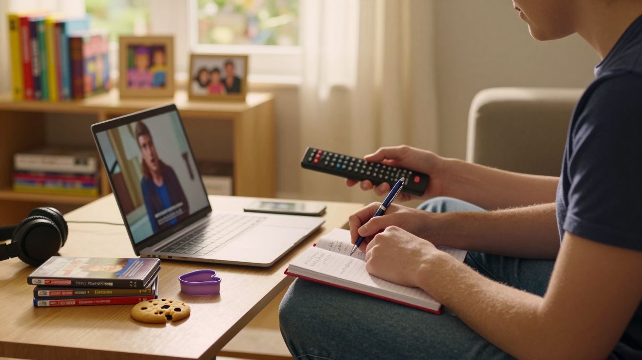 Homem estudando com portátil e bloco de notas, segurando comando remoto, ao lado de bolachas e DVDs na mesa.