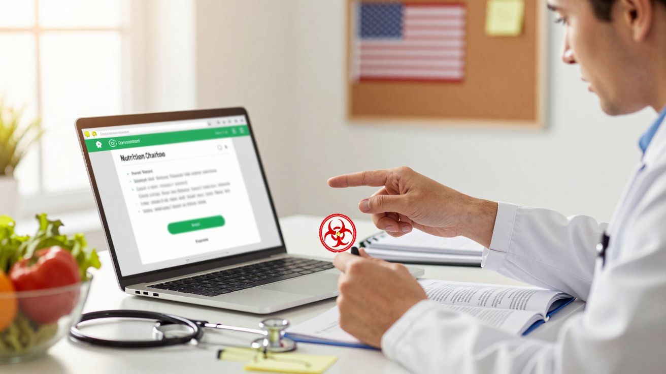 Médico a apontar para um portátil com gráficos de nutrição, livros, estetoscópio e legumes na secretária.