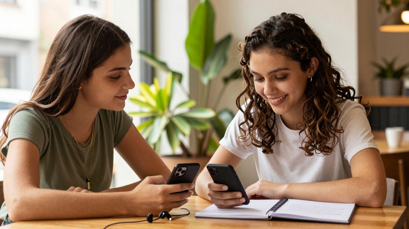 Duas jovens numa mesa, sorrindo e a olhar para telemóveis, com um caderno aberto entre elas.