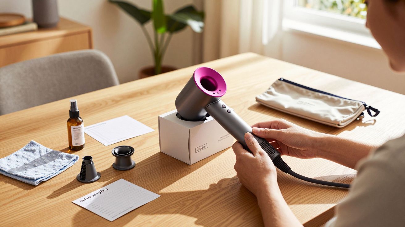Secador de cabelo moderno numa mesa de madeira, com acessórios e um saco ao lado.