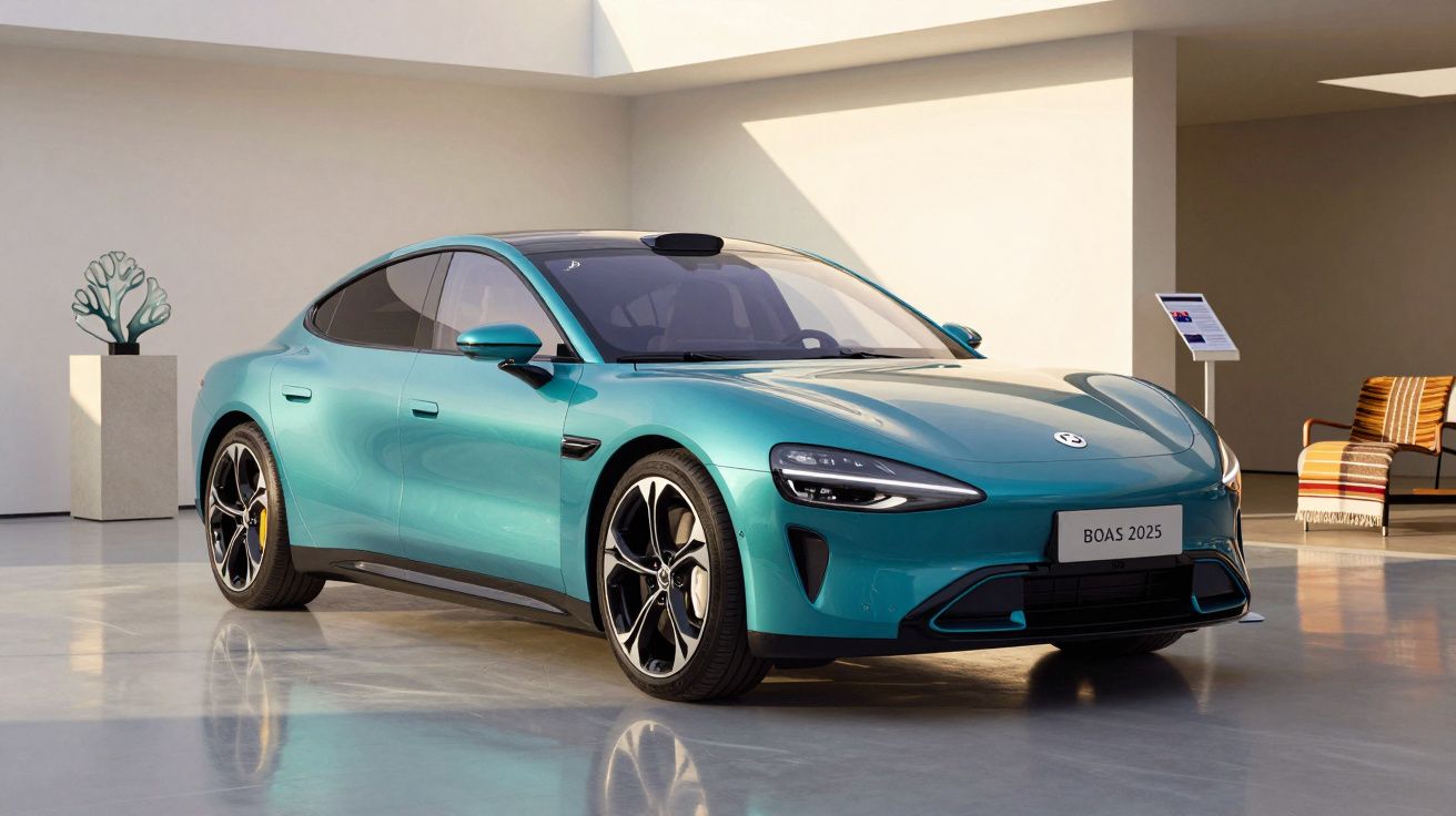 Carro elétrico azul turquesa num showroom moderno, com interiores claros e mobília elegante.