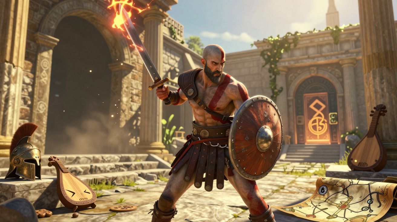 Guerreiro musculoso com espada e escudo, em ruínas antigas, rodeado por instrumentos musicais e mapa.