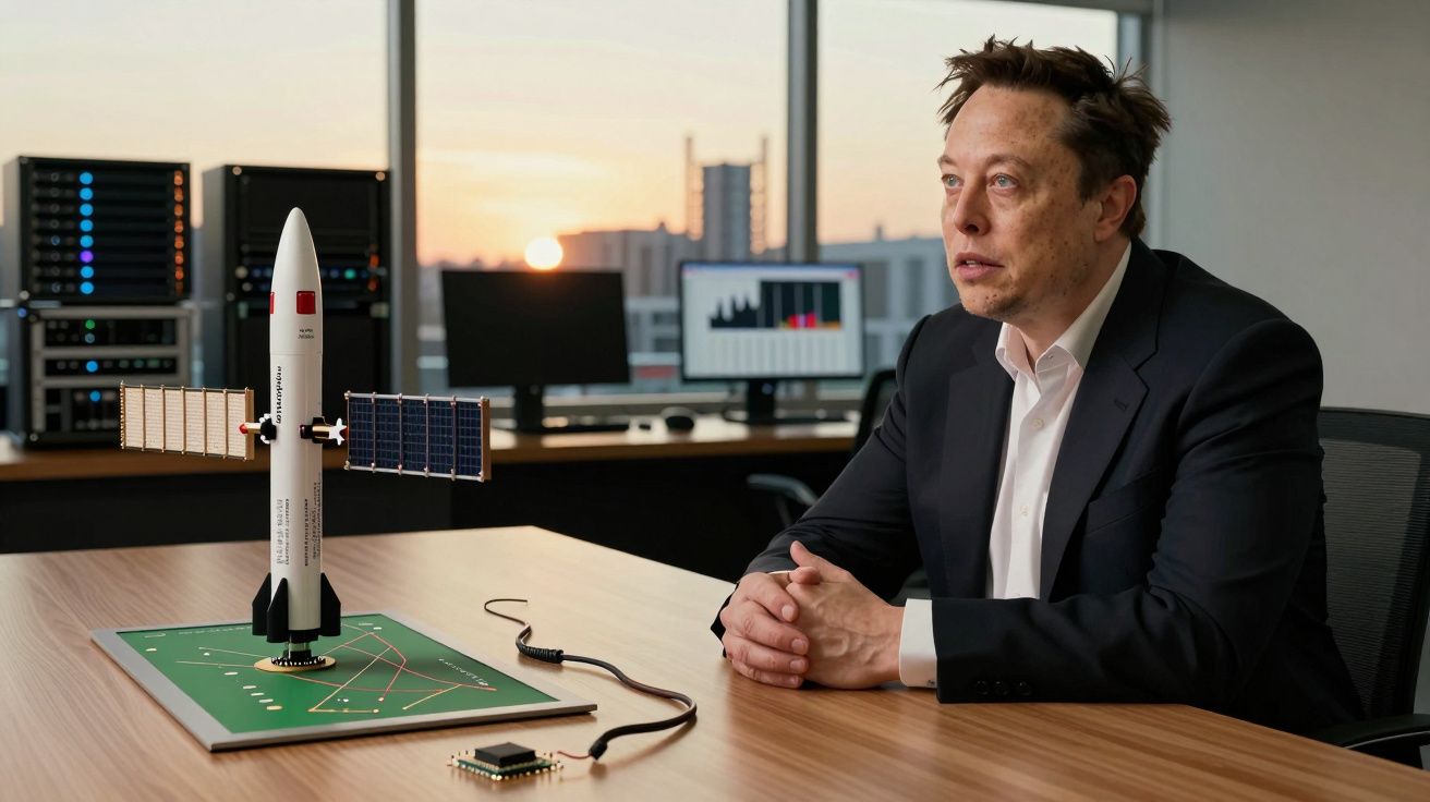 Homem sentado à mesa com modelo de foguete espacial e monitores no fundo, ao entardecer.