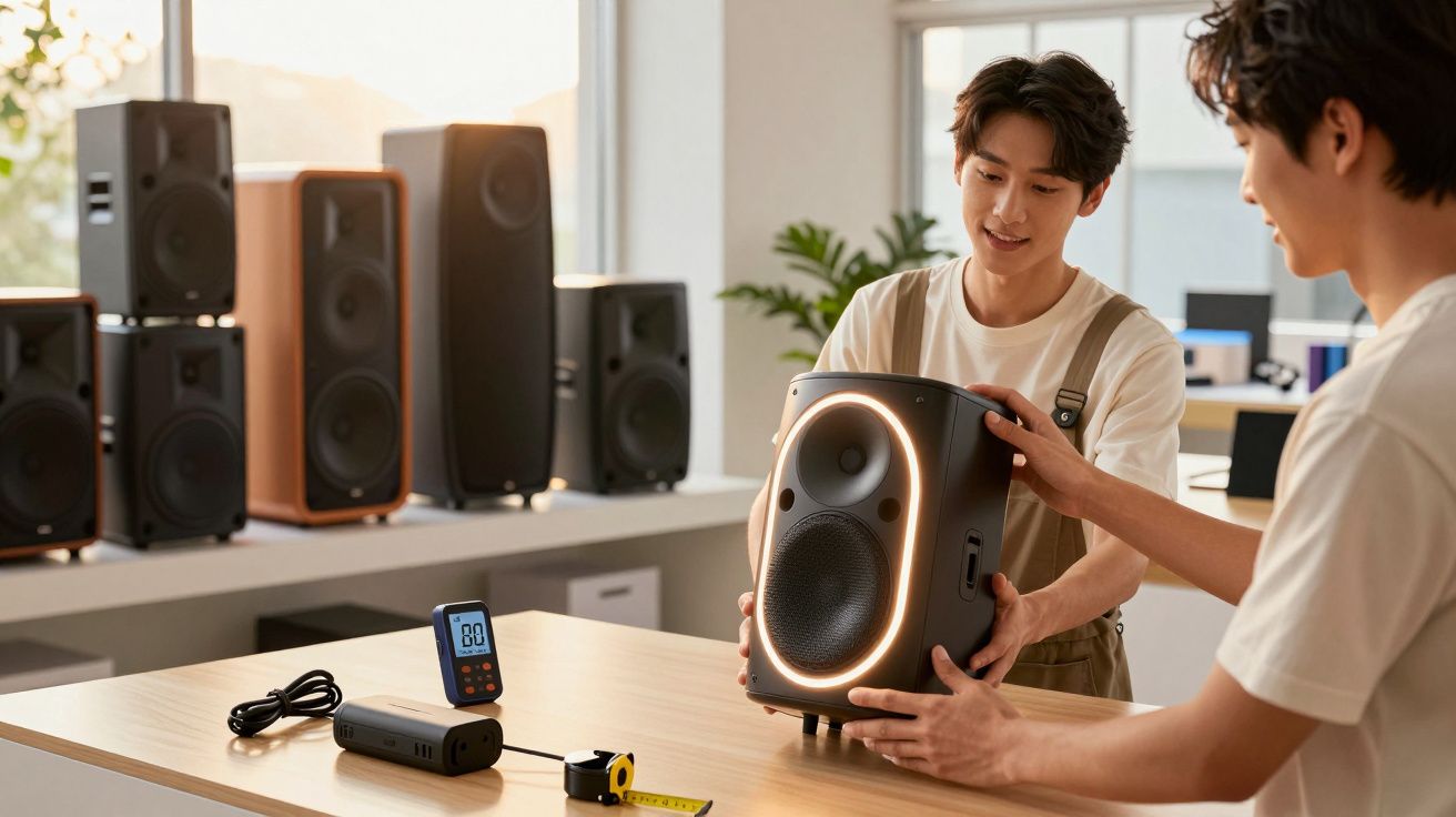 Duas pessoas seguram uma coluna portátil iluminada em sala com várias colunas. Mesa com aparelho digital e fita métrica.