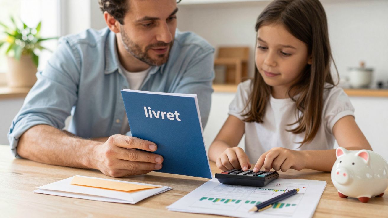 Homem e menina na mesa, ele segura um caderno, ela usa uma calculadora; cofre de porco ao lado.