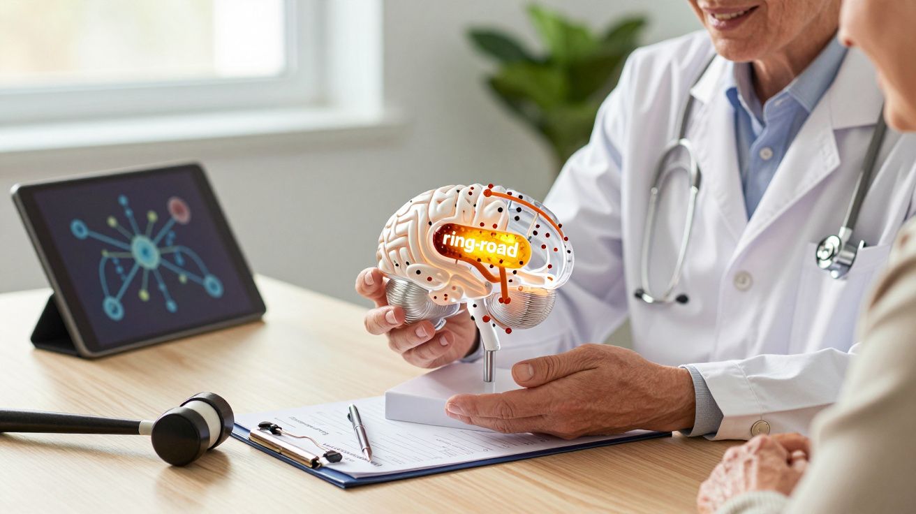 Médico segurando modelo de cérebro humano, mostrando a um paciente. Tablet e estetoscópio na mesa.