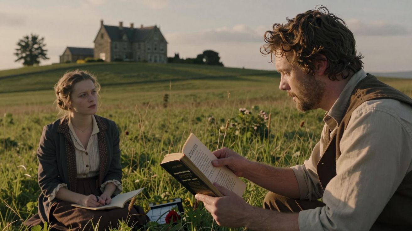 Homem e mulher sentados num campo florido, lendo e escrevendo, com uma casa antiga ao fundo.