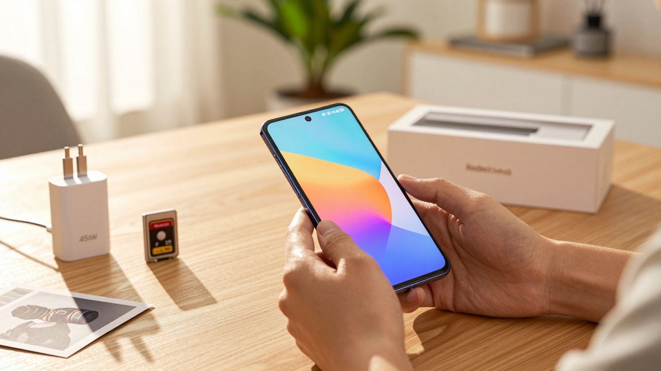 Pessoa segura smartphone numa mesa com carregador, caixa de telemóvel e fotografias ao lado.