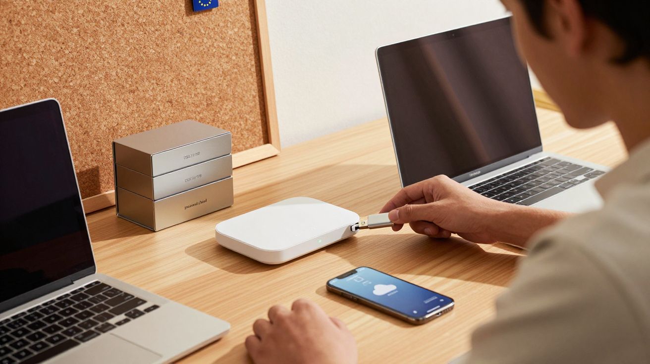 Pessoa a ligar uma pen USB a um dispositivo branco numa secretária com portáteis e um smartphone.