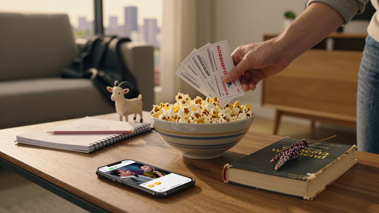 Mesa com pipocas, telemóvel, blocos de notas, livro e mão colocando bilhetes na tigela, sala ao fundo.