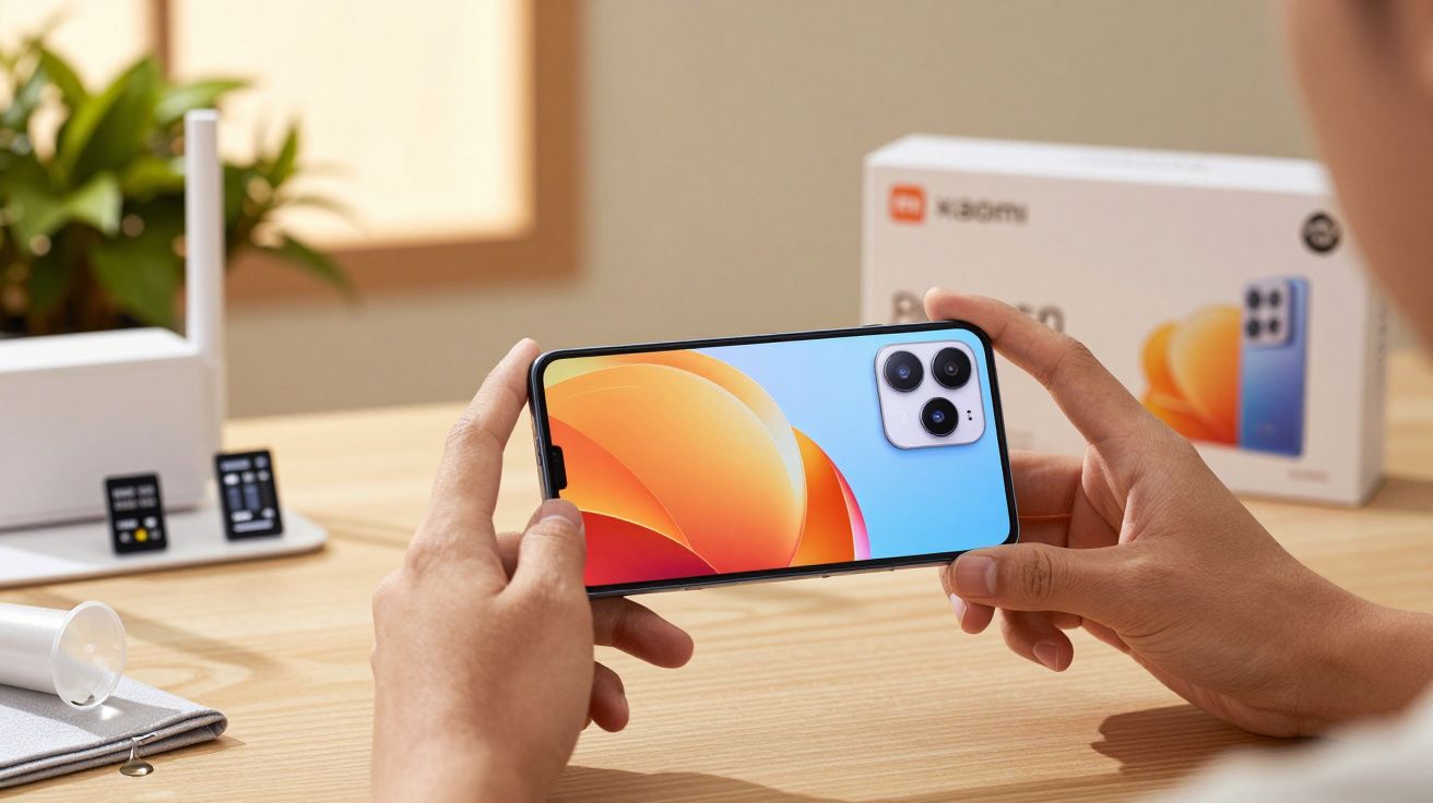 Pessoa a segurar um smartphone Xiaomi com um design geométrico no ecrã. Caixa do telemóvel no fundo.
