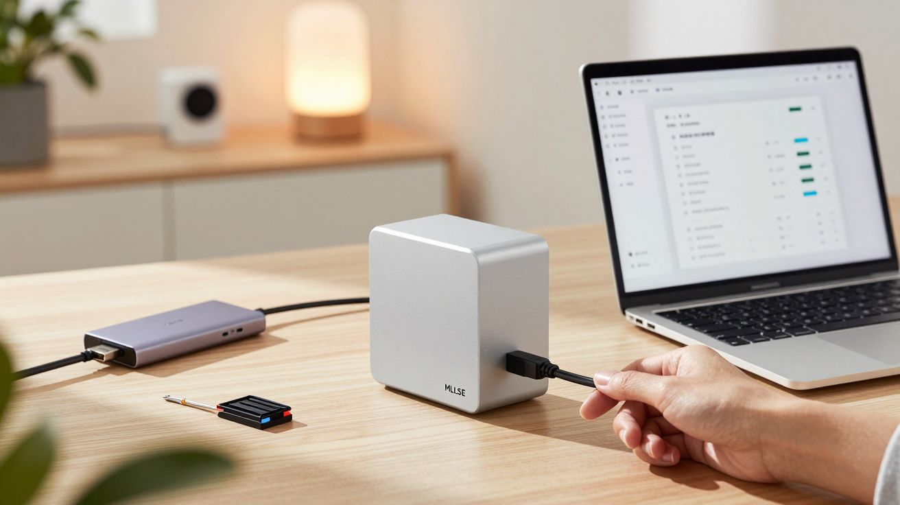 Pessoa liga cabo USB a cubo prateado numa mesa com computador portátil ao lado.