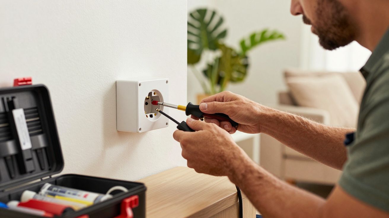 Homem a reparar uma tomada elétrica com uma chave de fendas; caixa de ferramentas ao lado.