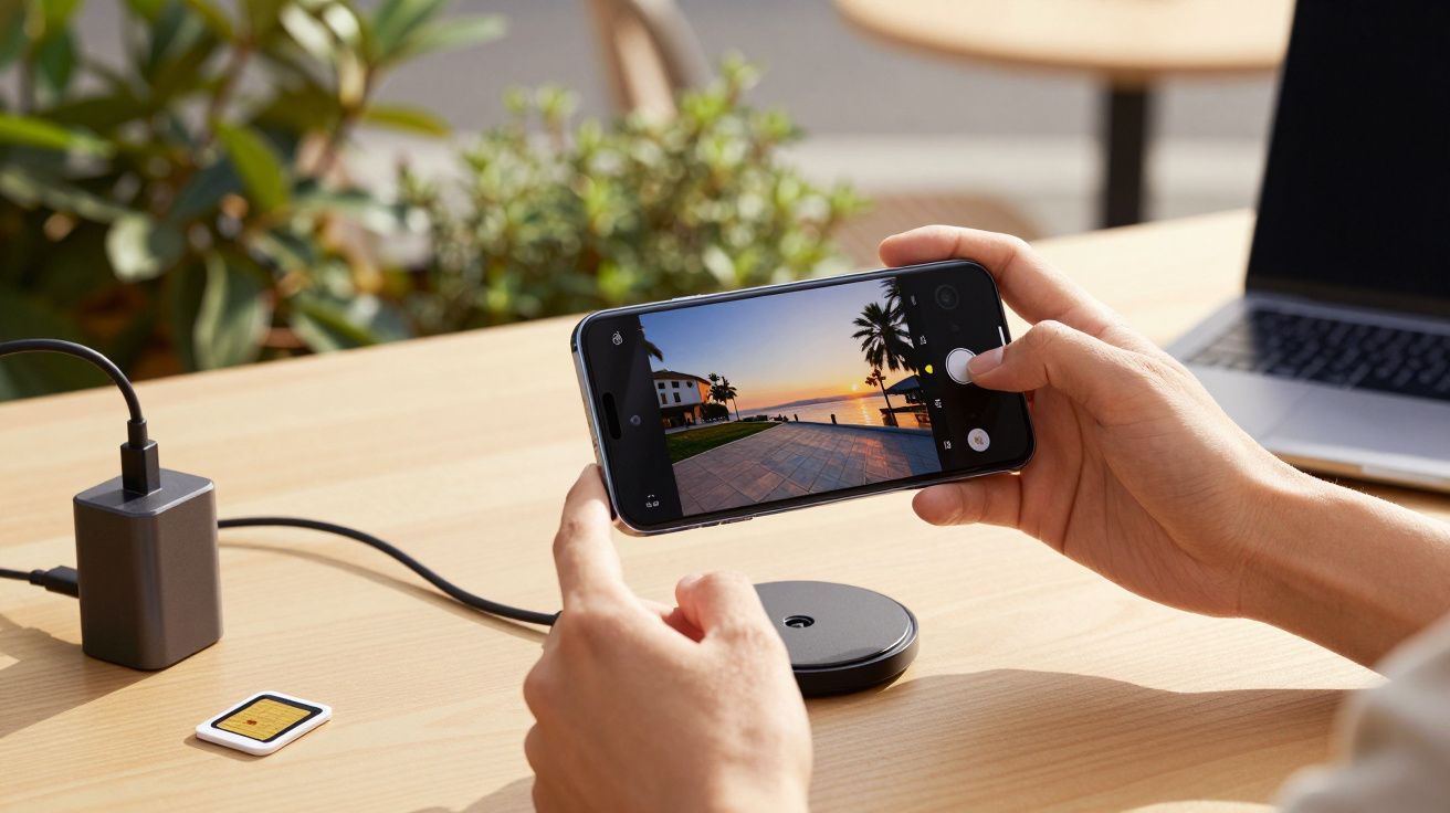 Pessoa segura smartphone a tirar foto de pôr do sol, com carregador sem fios e portátil na mesa de madeira.