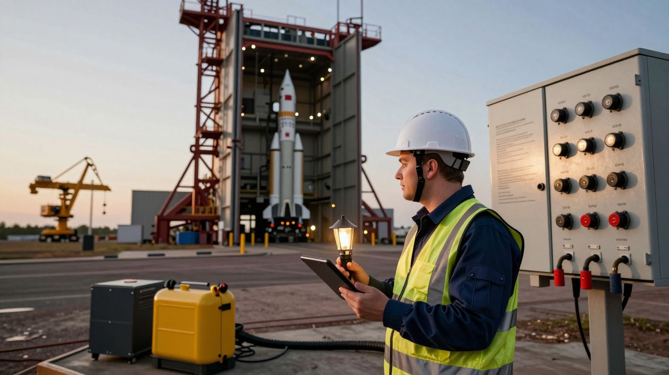 Engenheiro verifica o lançamento de um foguetão na plataforma, segurando tablet e lanterna ao entardecer.