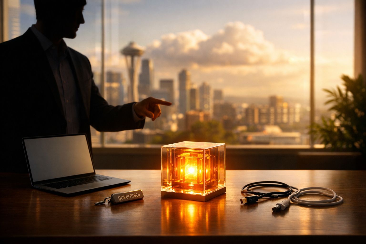 Homem em videoconferência com um tablet sentado à mesa de escritório iluminada, ao lado de um pequeno globo e equipamento tec