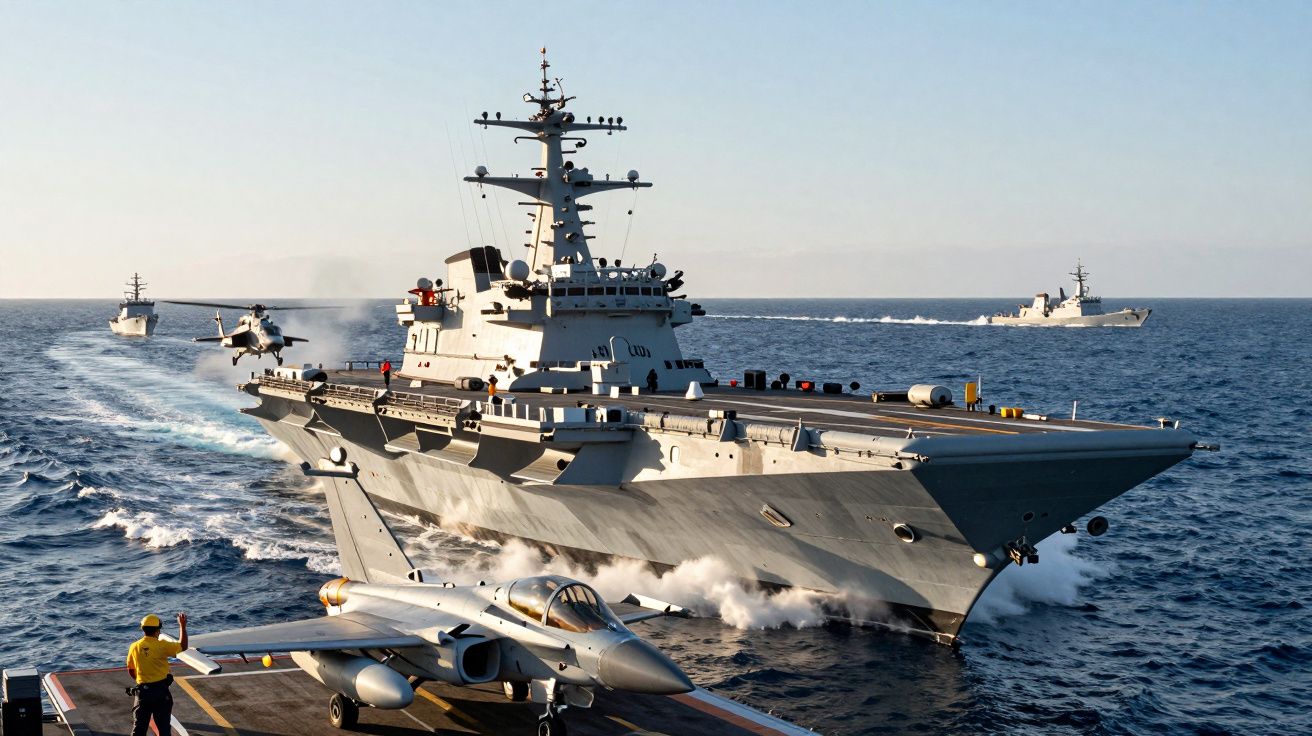 Porta-aviões no mar com aviões e helicópteros a bordo, acompanhado por três navios menores ao fundo.