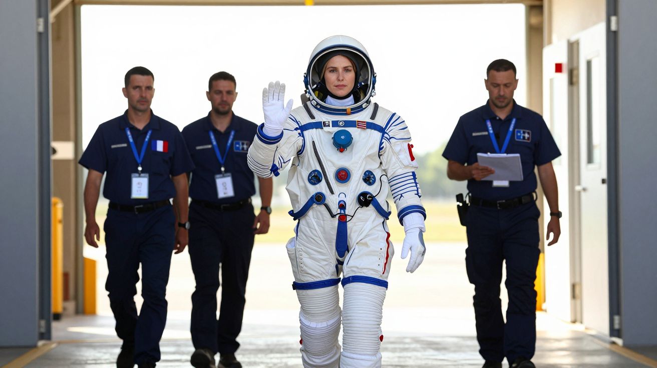 Astronauta em fato espacial acena, seguido por três pessoas com uniformes azuis e crachás, num corredor iluminado.