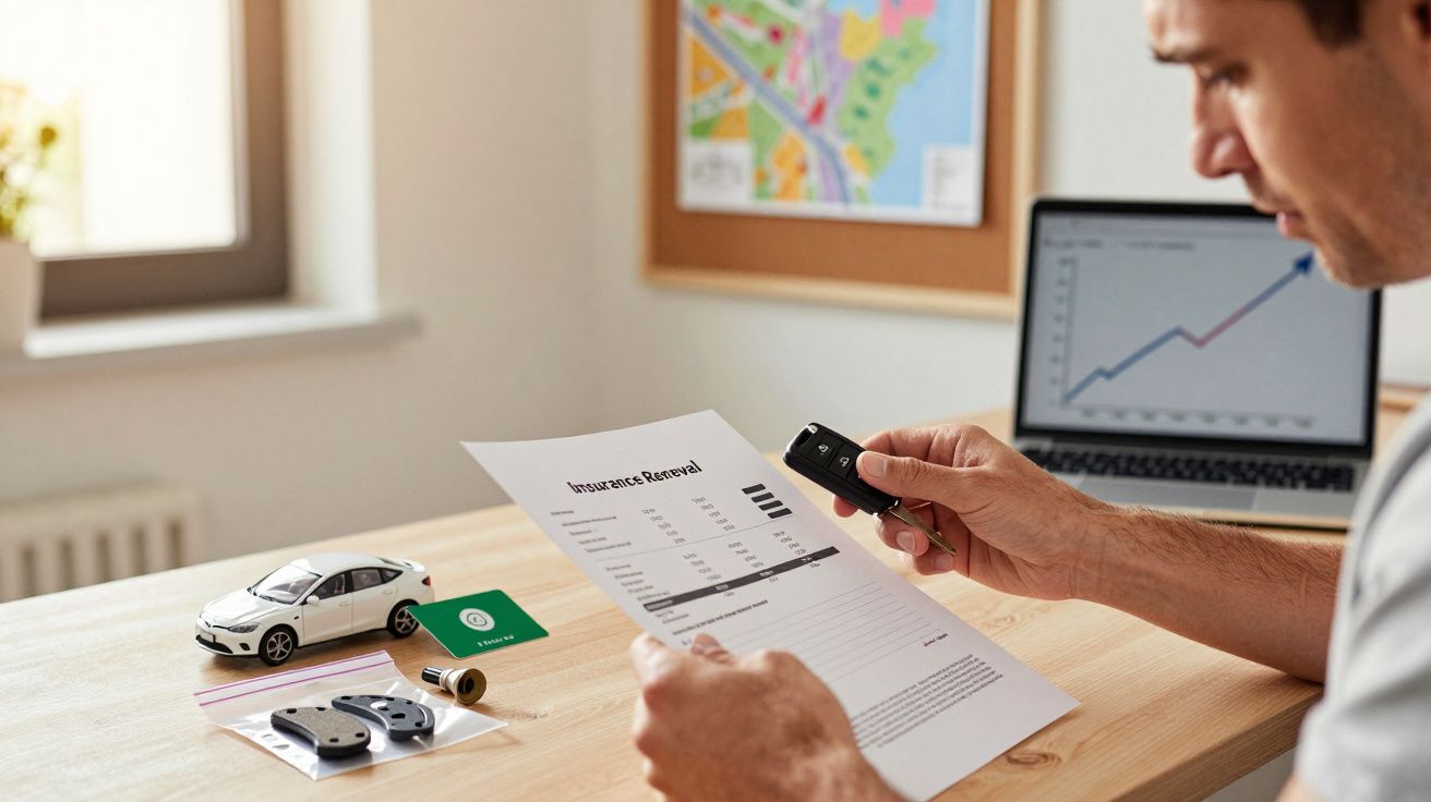 Homem analisa documento de renovação de seguro com chave de carro em mão, miniatura de automóvel e laptop ao fundo.