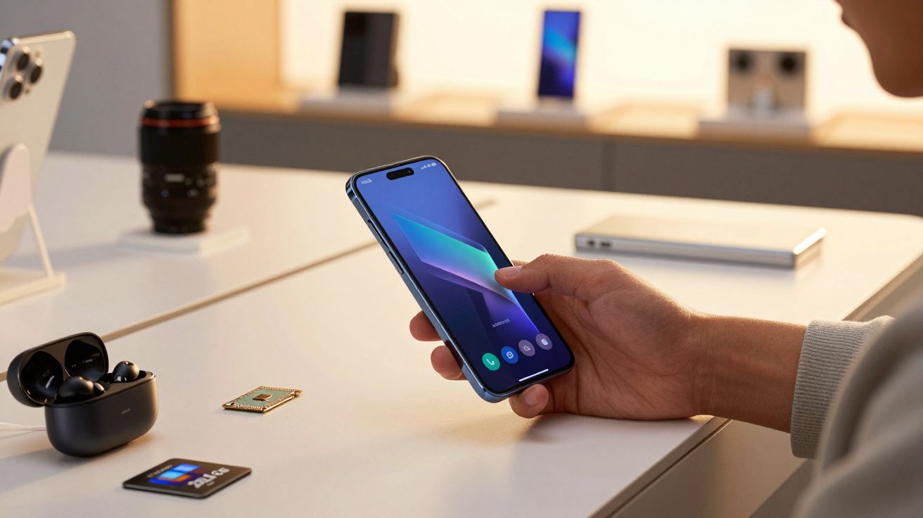 Mão segura um smartphone moderno numa mesa com acessórios tecnológicos como earphones e um chip.