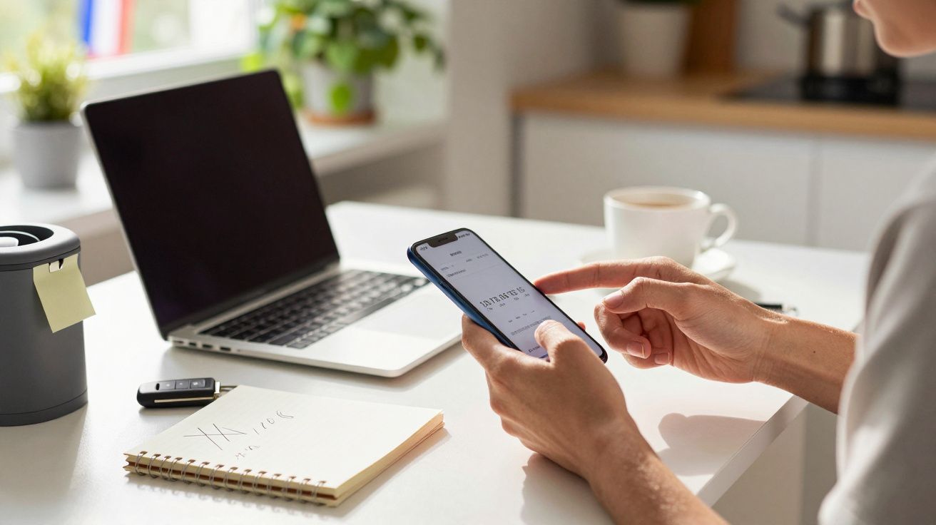 Pessoa usando smartphone numa mesa com portátil, bloco de notas, chávena e planta ao fundo.