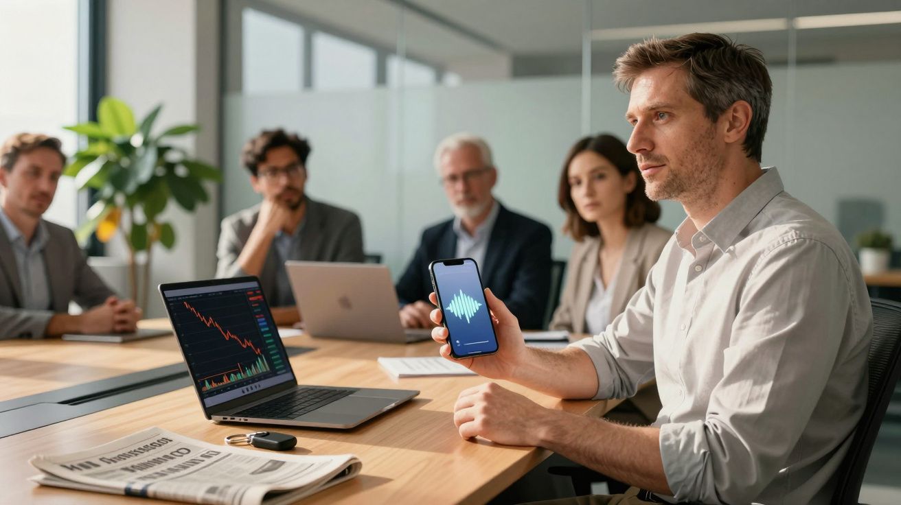 Homem apresenta gráfico num telemóvel durante reunião de negócios, com colegas ao fundo e laptop na mesa.